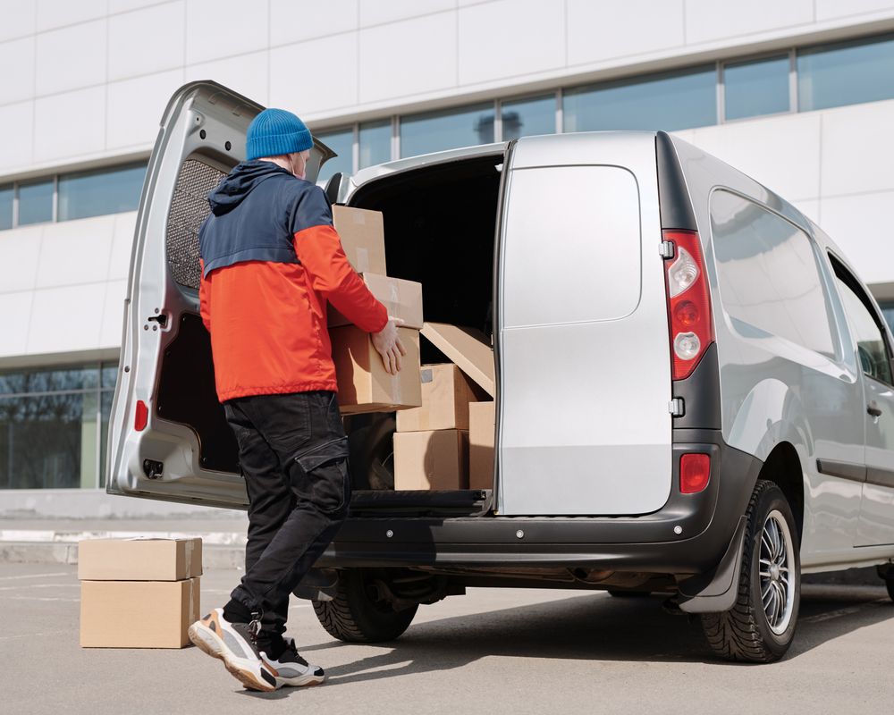 Trabajador cargando cajas en una camioneta de carga comercial